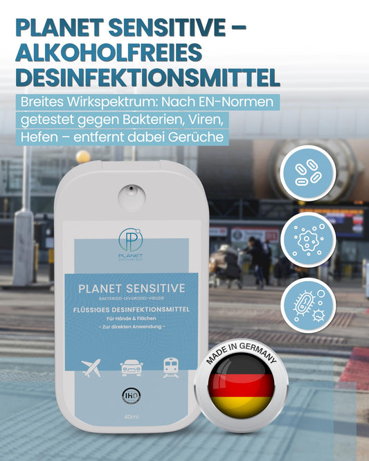 Planet Sensitive® - Desinfektion to Go (40 ml) | Alkoholfrei & kompakt für Reisen, Hände | Gegen Bakterien, Viren wie Herpes, Corona, Influenza, Hanta