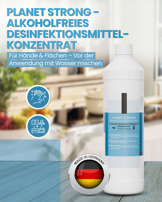 Planet Strong® – Desinfektionsmittel Konzentrat für Flächen, Oberflächen & Hände | Gegen Bakterien, Viren, Pilze, Schimmel & Gerüche | Halal & Koscher