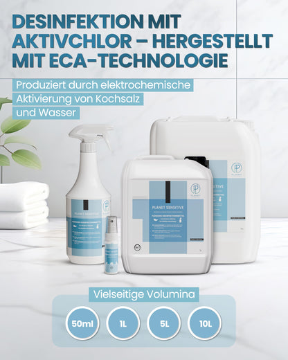 Planet Sensitive® - alkoholfreies Desinfektionsmittel für Flächen, Oberflächen, Hände & Haut | Gegen Bakterien, Viren, Pilze, Sporen, Schimmel, Gerüche | Mild basisch, Halal & Koscher, Sprühflasche
