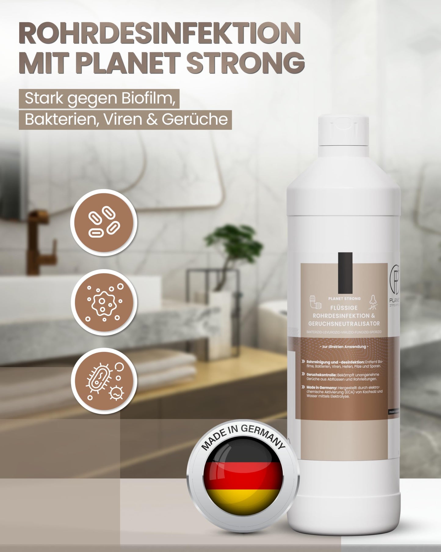 Rohrdesinfektion & Geruchsneutralisator – Planet Strong® Aktivchlor-Geruchsentferner | Reduzierung von Ablagerungen und Gerüchen