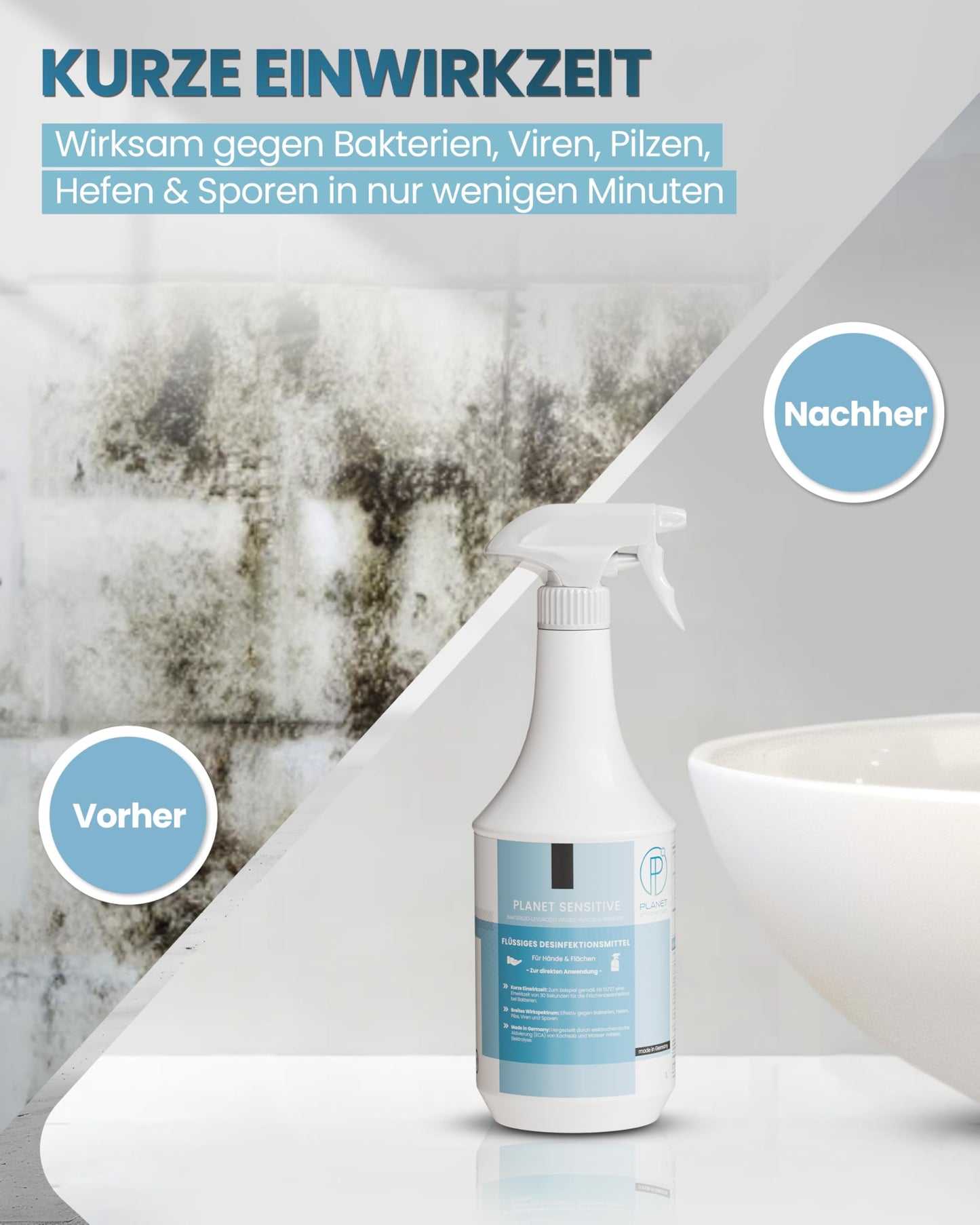 Planet Sensitive® - alkoholfreies Desinfektionsmittel für Flächen, Oberflächen, Hände & Haut | Gegen Bakterien, Viren, Pilze, Sporen, Schimmel, Gerüche | Mild basisch, Halal & Koscher, Sprühflasche