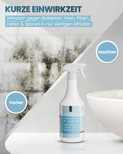 Planet Sensitive® - alkoholfreies Desinfektionsmittel für Flächen, Oberflächen, Hände & Haut | Gegen Bakterien, Viren, Pilze, Sporen, Schimmel, Gerüche | Mild basisch, Halal & Koscher, Sprühflasche