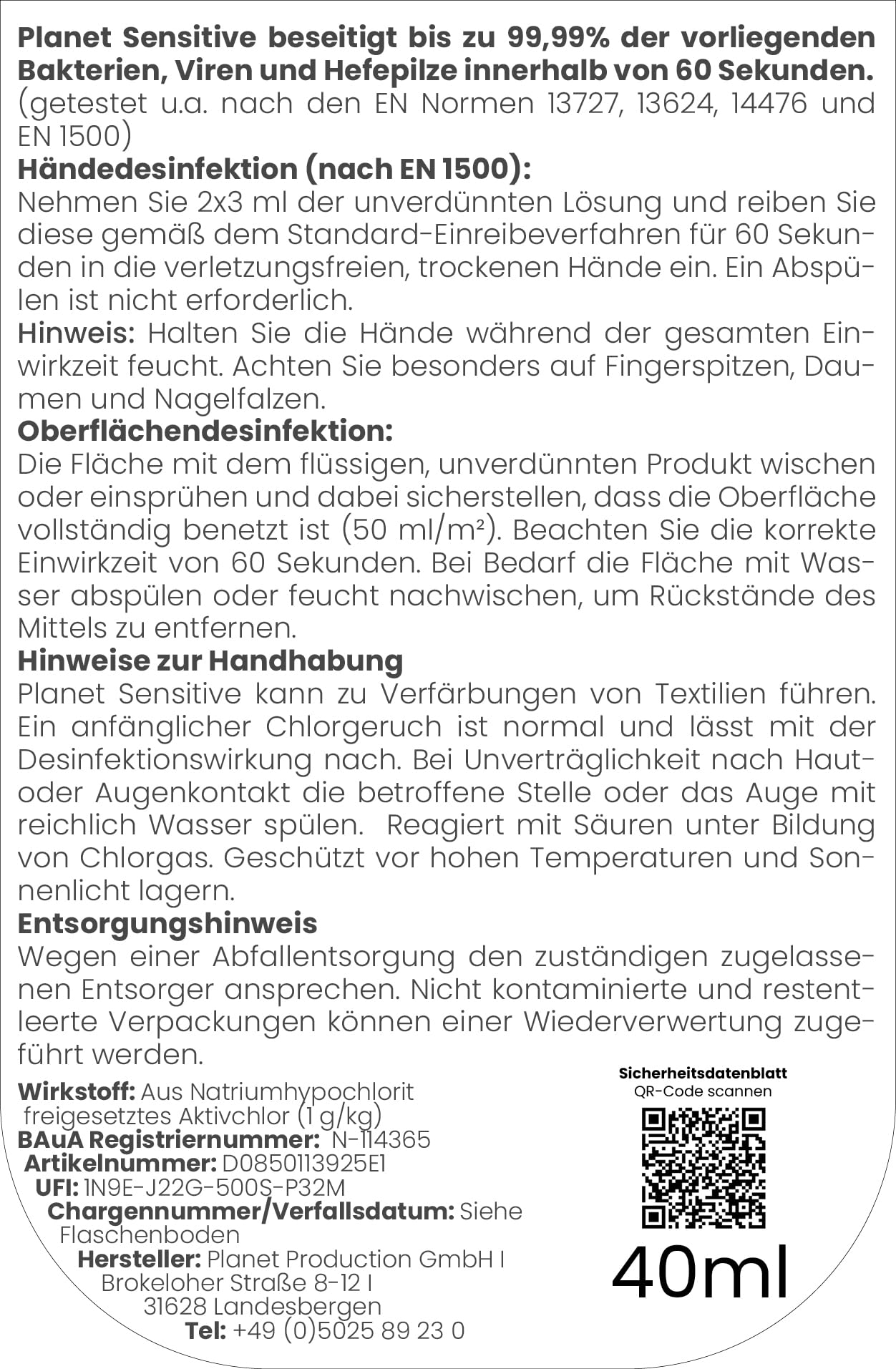 Planet Sensitive® - Desinfektion to Go (40 ml) | Alkoholfrei & kompakt für Reisen, Hände | Gegen Bakterien, Viren wie Herpes, Corona, Influenza, Hanta