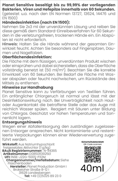 Planet Sensitive® - Desinfektion to Go (40 ml) | Alkoholfrei & kompakt für Reisen, Hände | Gegen Bakterien, Viren wie Herpes, Corona, Influenza, Hanta