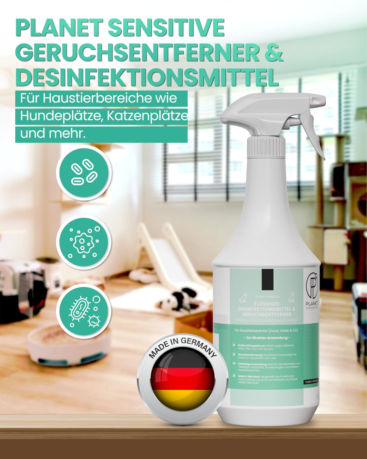 Haustier-Hygiene-Spray & Desinfektionsmittel für Hund, Katze & Co | Planet Sensitive® wirksam gegen Bakterien, Viren, Pilze & Sporen