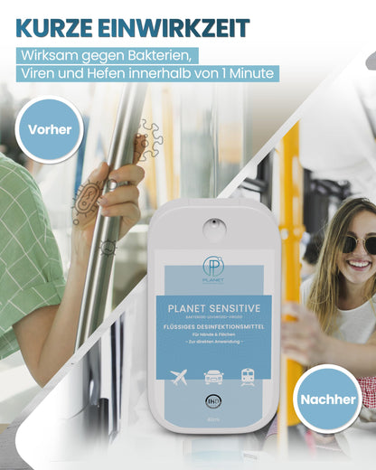 Planet Sensitive® - Desinfektion to Go (40 ml) | Alkoholfrei & kompakt für Reisen, Hände | Gegen Bakterien, Viren wie Herpes, Corona, Influenza, Hanta
