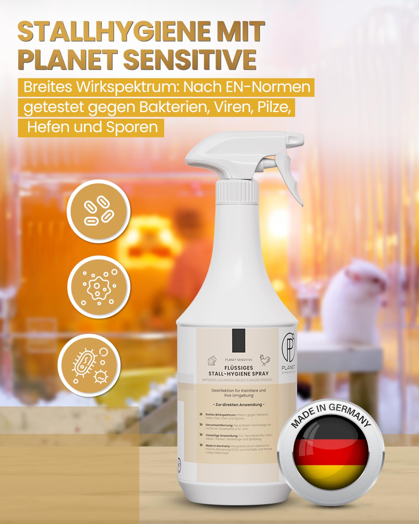 Stall-Hygiene Spray – Desinfektionsmittel für Käfige, Ställe & Tierbereiche | Planet Sensitive® zur Flächendesinfektion & Geruchsneutralisierung