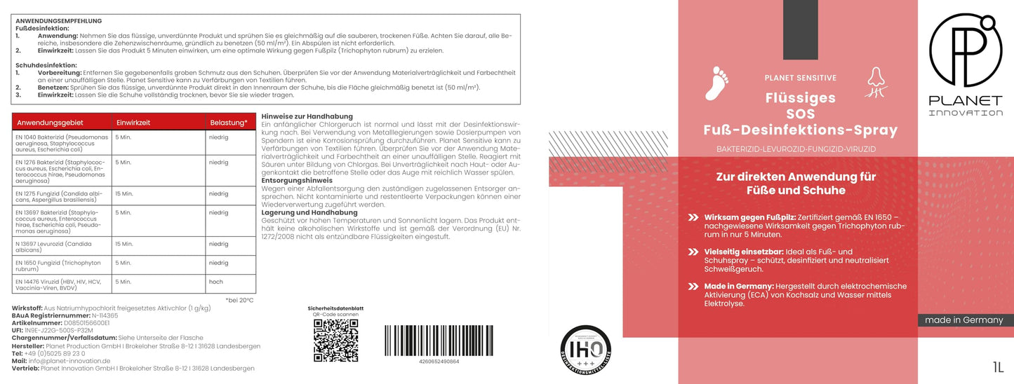 1L SOS Desinfektionsspray für Füße & Schuhe | Planet Sensitive® wirksam gegen Fußpilz, Bakterien, Viren, Hefepilze & Gerüche