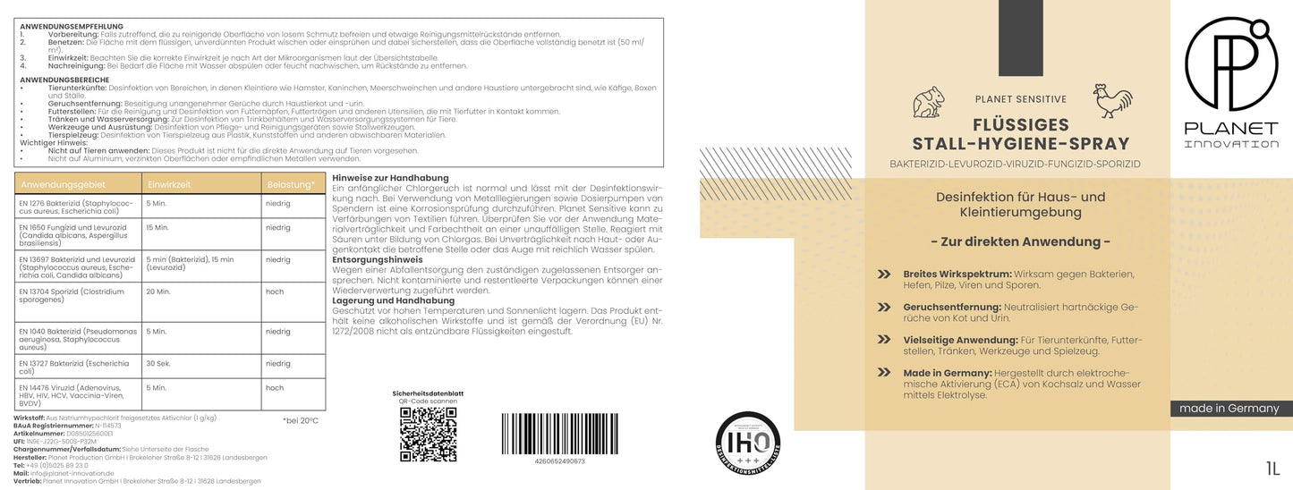 Stall-Hygiene Spray – Desinfektionsmittel für Käfige, Ställe & Tierbereiche | Planet Sensitive® zur Flächendesinfektion & Geruchsneutralisierung