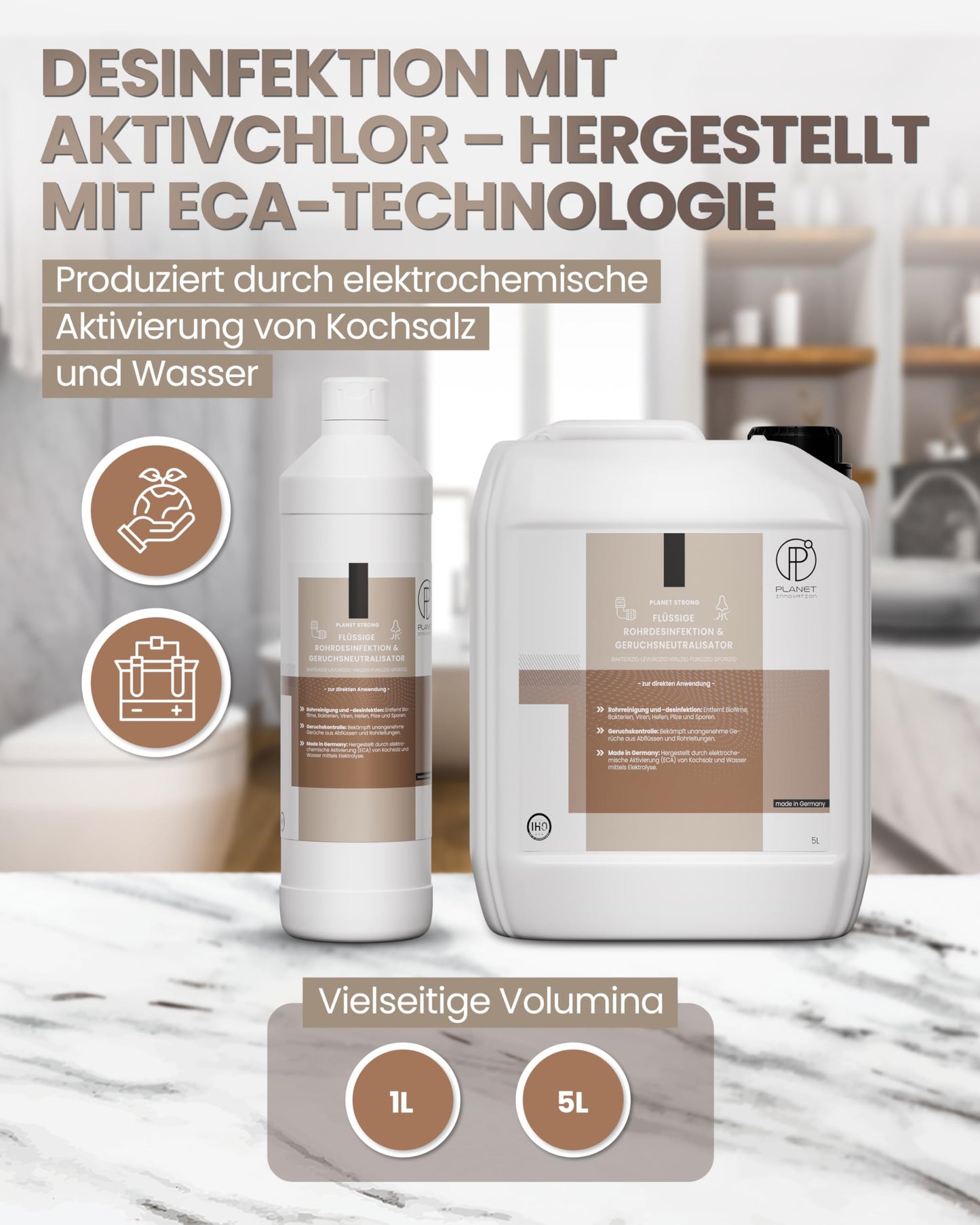 Rohrdesinfektion & Geruchsneutralisator – Planet Strong® Aktivchlor-Geruchsentferner | Reduzierung von Ablagerungen und Gerüchen