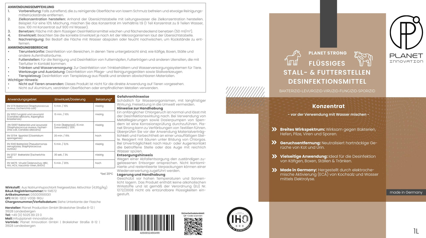 Stalldesinfektionsmittel Konzentrat für Ställe, Tierhaltung, Haustiere, Flächen und Futterstellen - Planet Strong® wirksam gegen Bakterien, Pilze, Viren, Gerüche