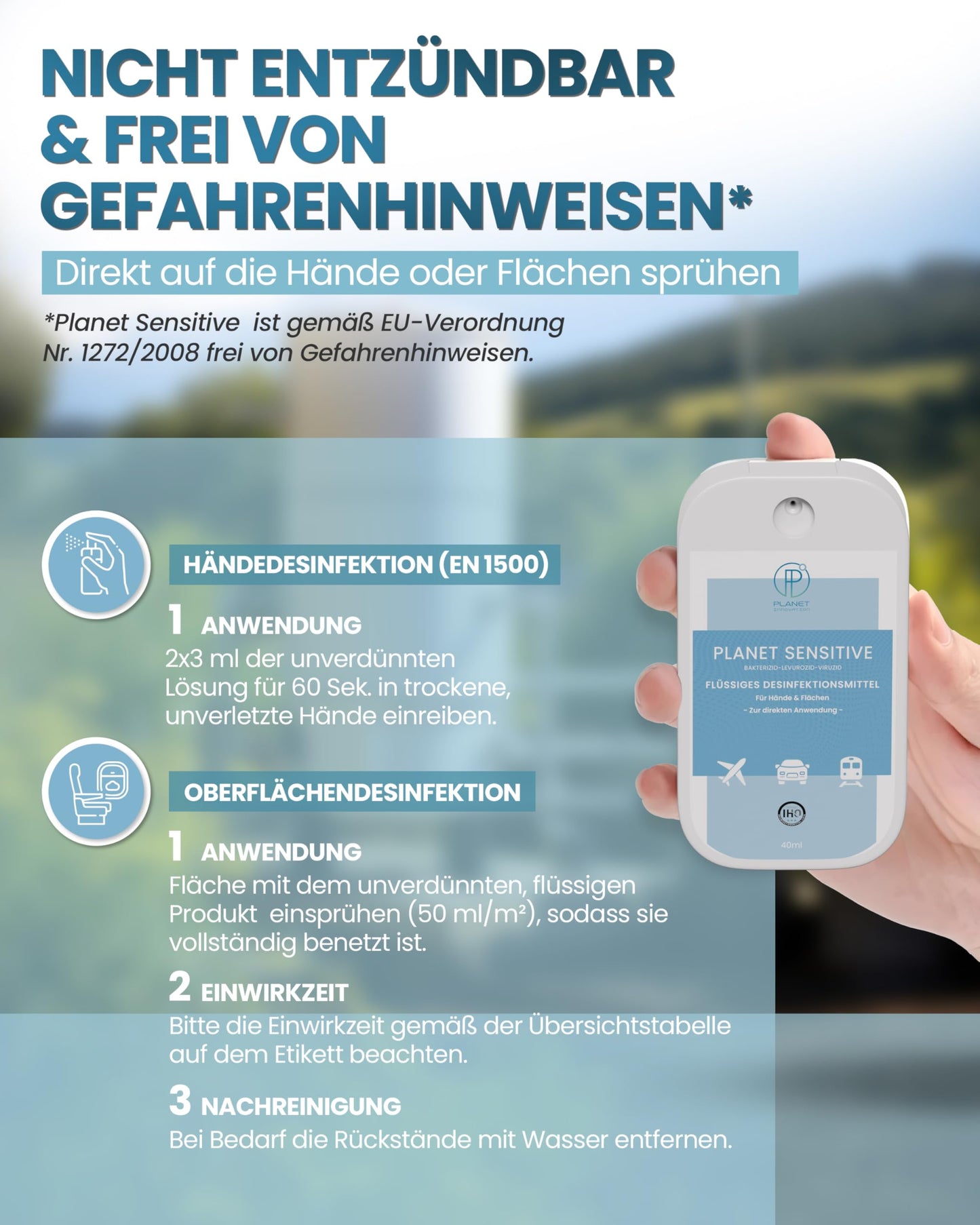 Planet Sensitive® - Desinfektion to Go (40 ml) | Alkoholfrei & kompakt für Reisen, Hände | Gegen Bakterien, Viren wie Herpes, Corona, Influenza, Hanta