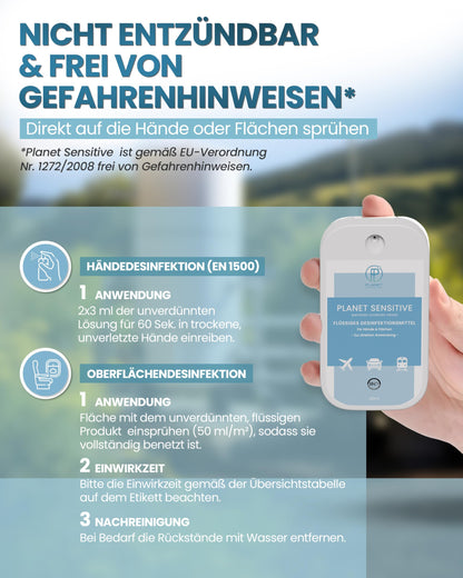 Planet Sensitive® - Desinfektion to Go (40 ml) | Alkoholfrei & kompakt für Reisen, Hände | Gegen Bakterien, Viren wie Herpes, Corona, Influenza, Hanta