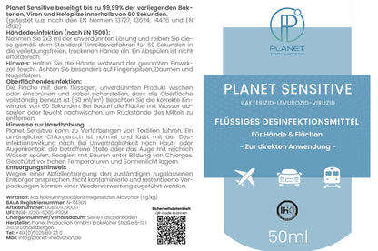 Planet Sensitive® - alkoholfreies Desinfektionsmittel für Flächen, Oberflächen, Hände & Haut | Gegen Bakterien, Viren, Pilze, Sporen, Schimmel, Gerüche | Mild basisch, Halal & Koscher, Sprühflasche