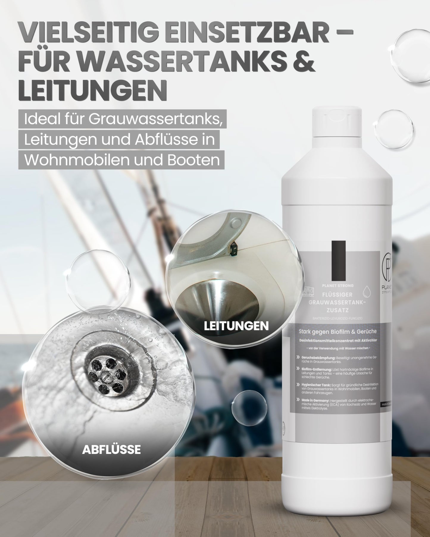 Grauwassertank Zusatz für Wohnmobile & Boote | Planet Strong® Geruchsbekämpfung und Desinfektion für deinen Grauwassertank