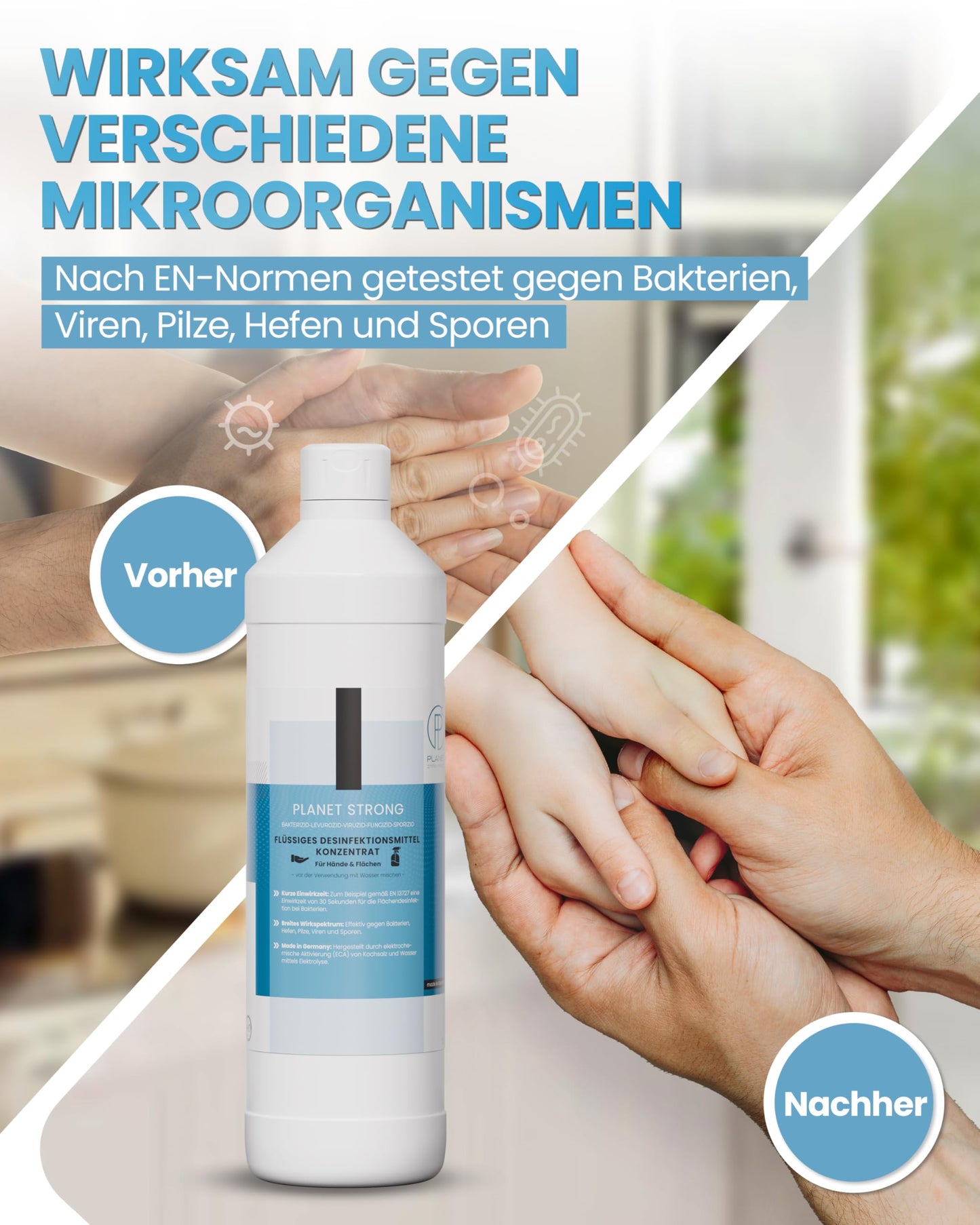 Planet Strong® – Desinfektionsmittel Konzentrat für Flächen, Oberflächen & Hände | Gegen Bakterien, Viren, Pilze, Schimmel & Gerüche | Halal & Koscher