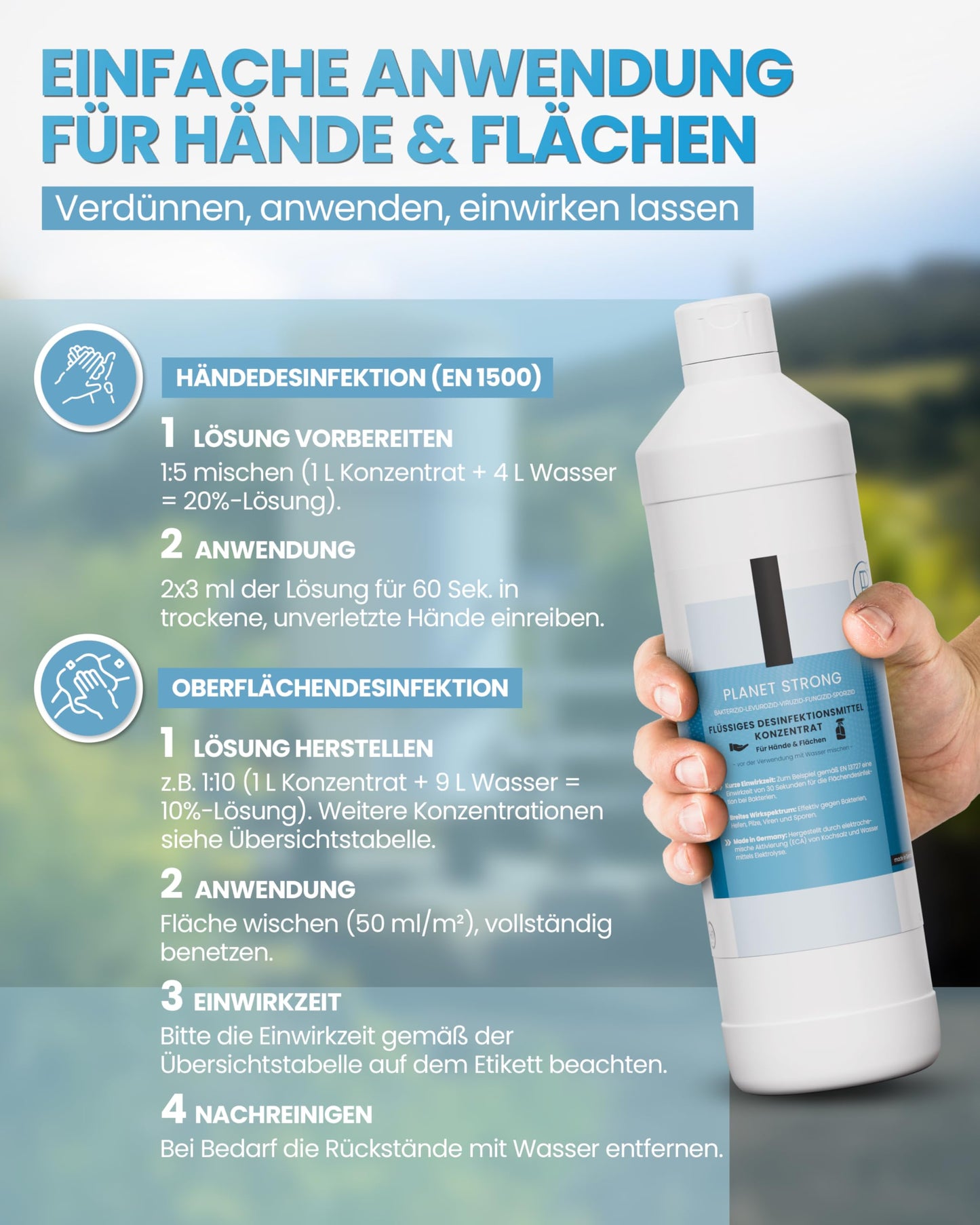 Planet Strong® – Desinfektionsmittel Konzentrat für Flächen, Oberflächen & Hände | Gegen Bakterien, Viren, Pilze, Schimmel & Gerüche | Halal & Koscher