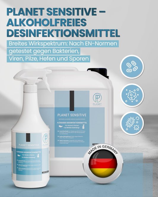 Planet Sensitive® - alkoholfreies Desinfektionsmittel für Flächen, Oberflächen, Hände & Haut | Gegen Bakterien, Viren, Pilze, Sporen, Schimmel, Gerüche | Mild basisch, Halal & Koscher, Sprühflasche