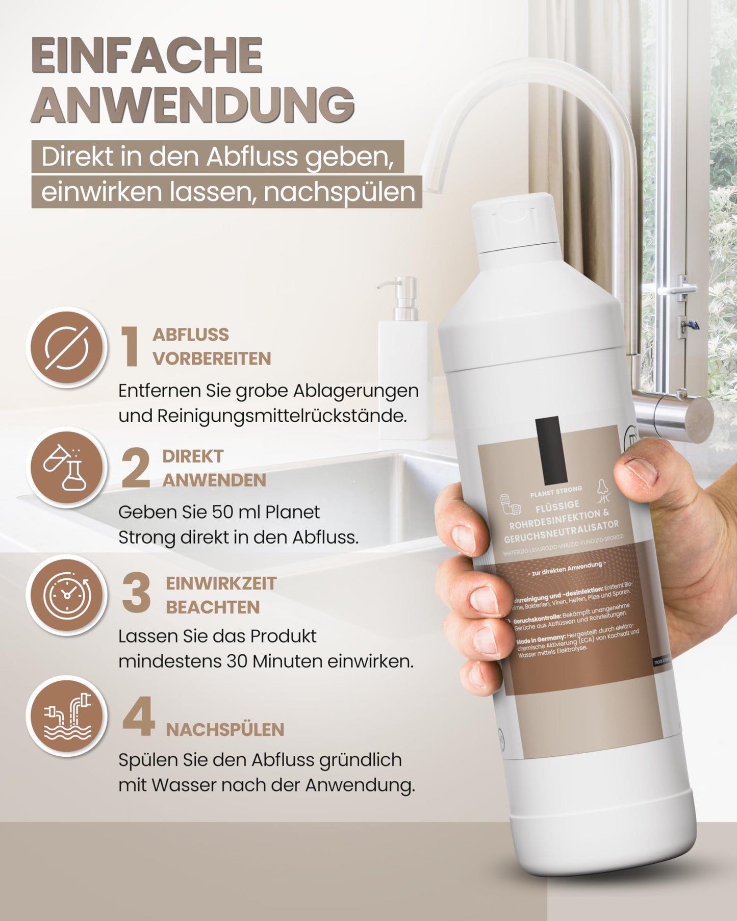 Rohrdesinfektion & Geruchsneutralisator – Planet Strong® Aktivchlor-Geruchsentferner | Reduzierung von Ablagerungen und Gerüchen