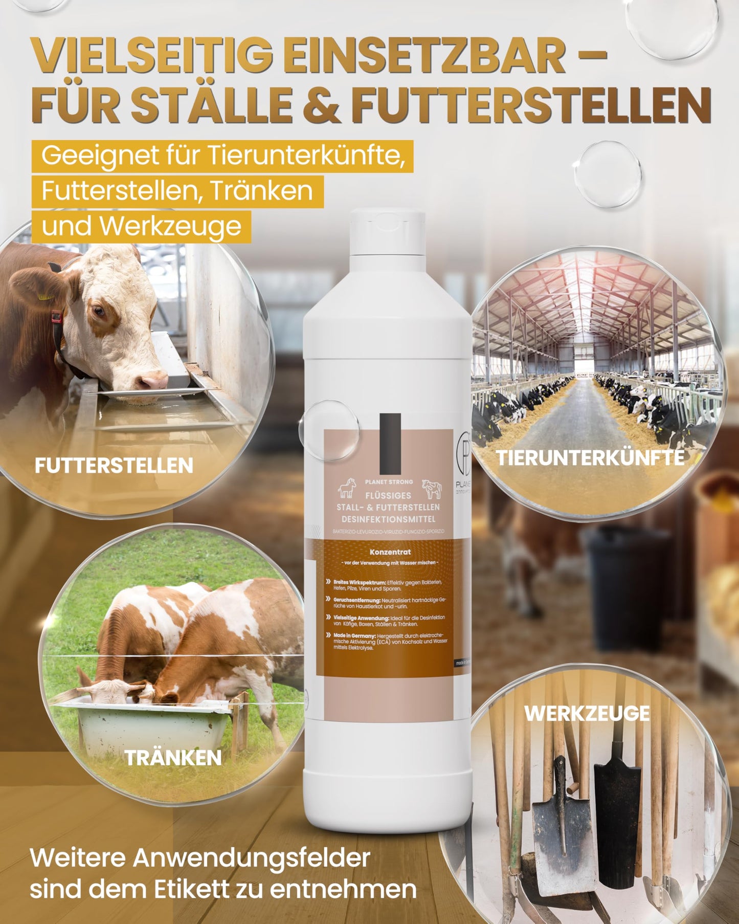 Stalldesinfektionsmittel Konzentrat für Ställe, Tierhaltung, Haustiere, Flächen und Futterstellen - Planet Strong® wirksam gegen Bakterien, Pilze, Viren, Gerüche