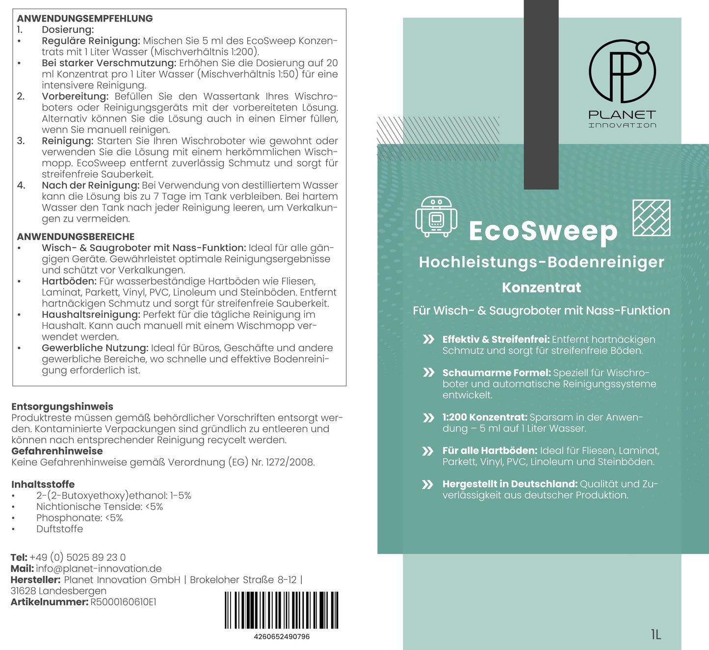 EcoSweep – Profi-Bodenreiniger Konzentrat (1:200) für Wisch- & Saugroboter mit Nassfunktion