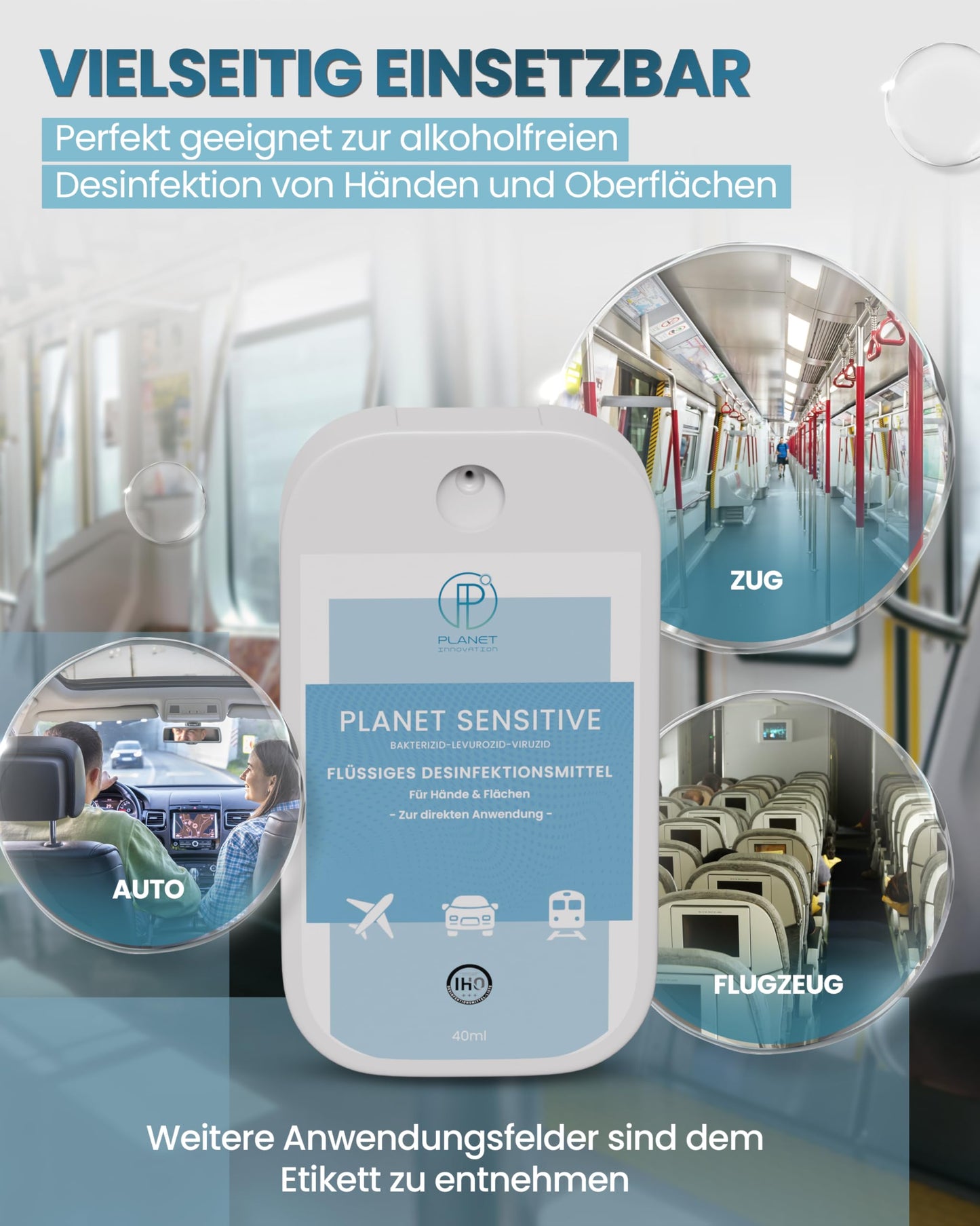 Planet Sensitive® - Desinfektion to Go (40 ml) | Alkoholfrei & kompakt für Reisen, Hände | Gegen Bakterien, Viren wie Herpes, Corona, Influenza, Hanta
