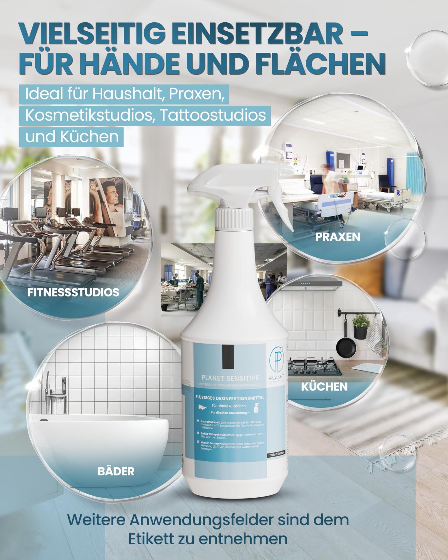 Planet Sensitive® - alkoholfreies Desinfektionsmittel für Flächen, Oberflächen, Hände & Haut | Gegen Bakterien, Viren, Pilze, Sporen, Schimmel, Gerüche | Mild basisch, Halal & Koscher, Sprühflasche