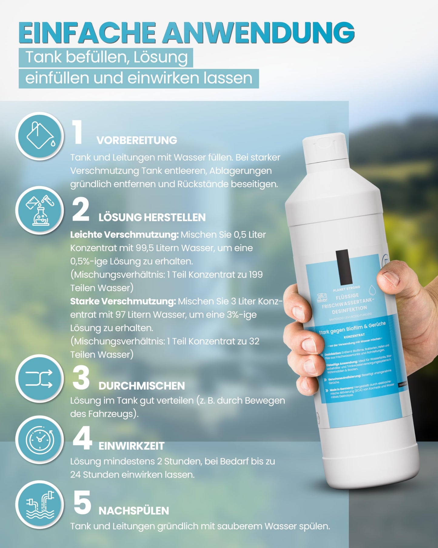 Frischwassertank-Reiniger für Wohnmobil & Wohnwagen – Planet Strong® zur Tankhygiene | Tankdesinfektion