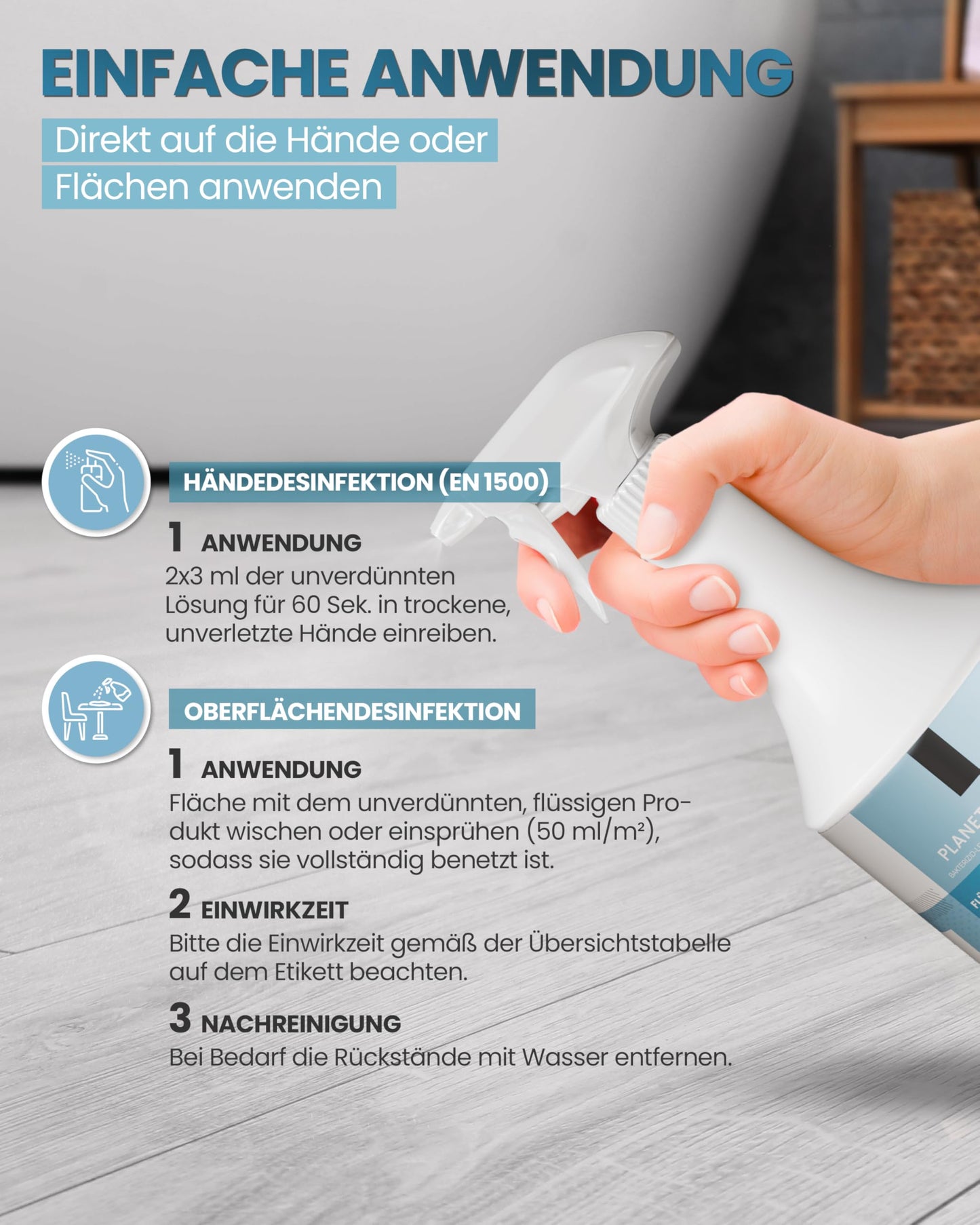 Planet Sensitive® - alkoholfreies Desinfektionsmittel für Flächen, Oberflächen, Hände & Haut | Gegen Bakterien, Viren, Pilze, Sporen, Schimmel, Gerüche | Mild basisch, Halal & Koscher, Sprühflasche