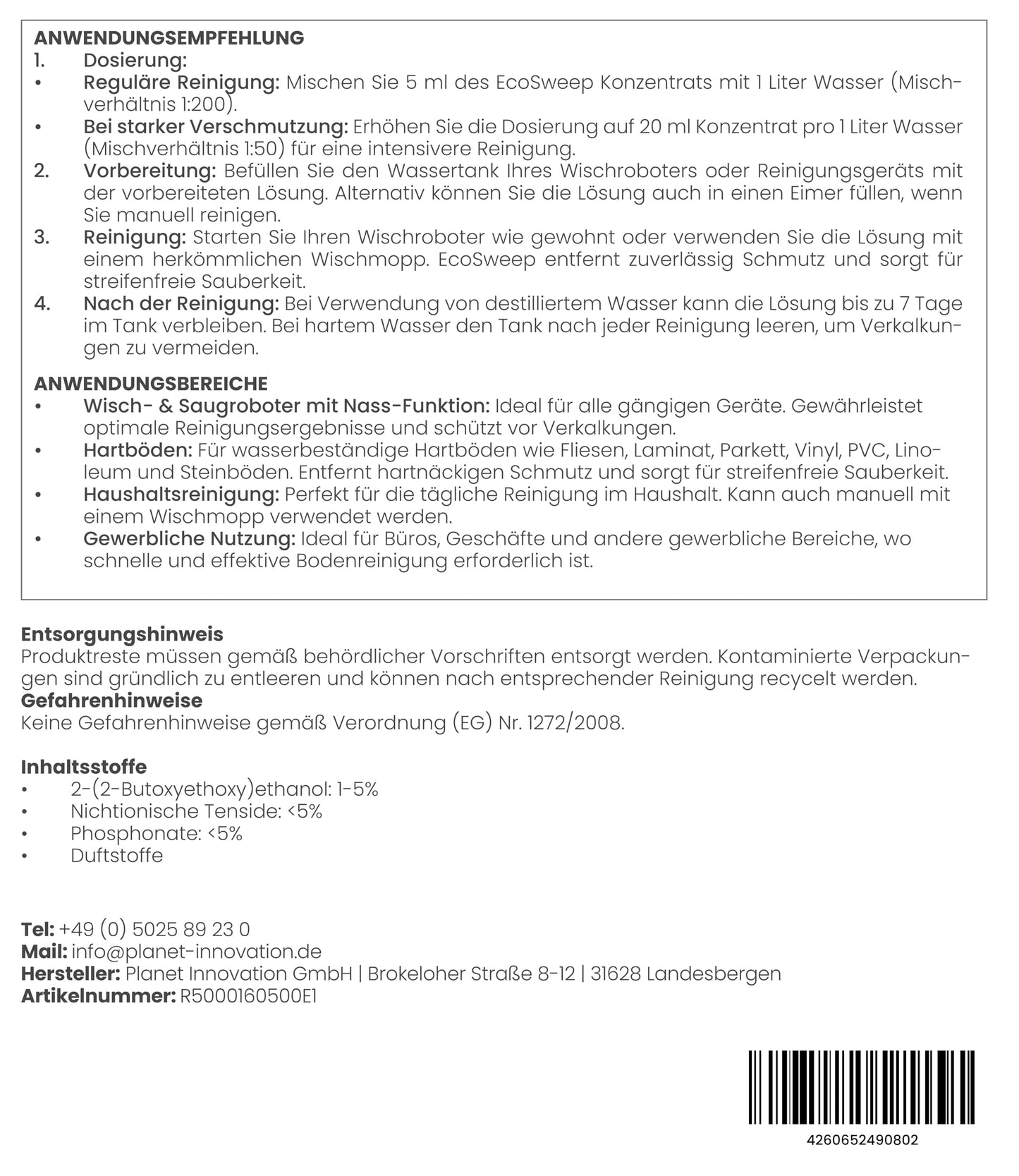 EcoSweep – Profi-Bodenreiniger Konzentrat (1:200) für Wisch- & Saugroboter mit Nassfunktion