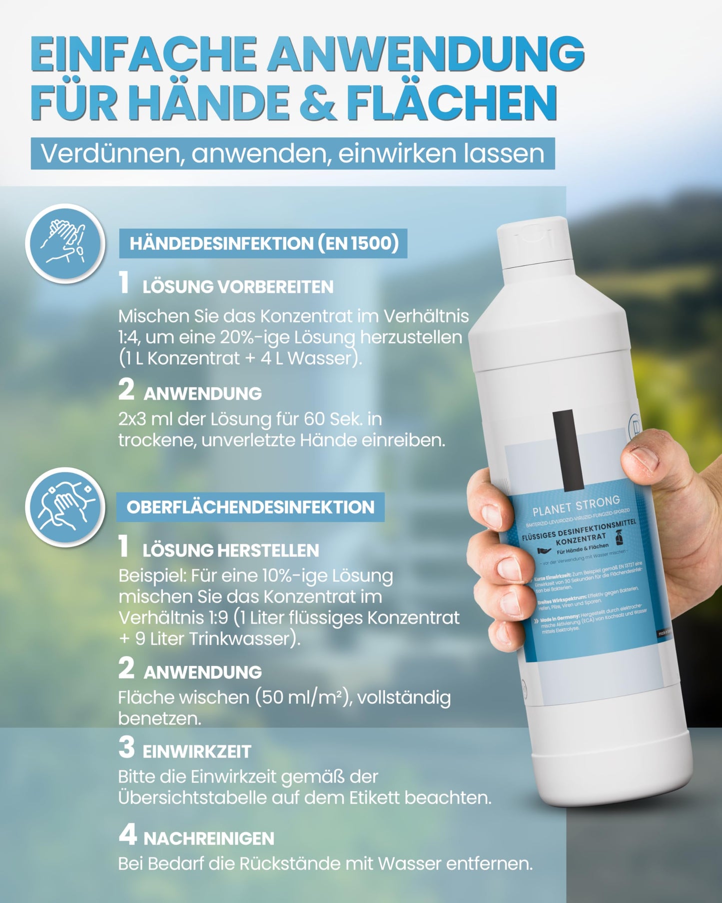 Planet Strong® – Desinfektionsmittel Konzentrat für Flächen, Oberflächen & Hände | Gegen Bakterien, Viren, Pilze, Schimmel & Gerüche | Halal & Koscher