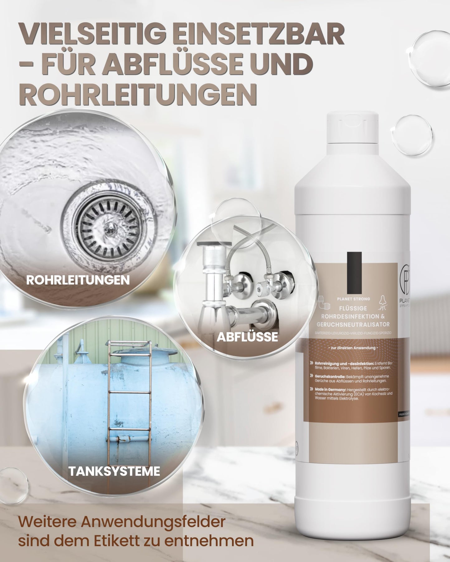 Rohrdesinfektion & Geruchsneutralisator – Planet Strong® Aktivchlor-Geruchsentferner | Reduzierung von Ablagerungen und Gerüchen