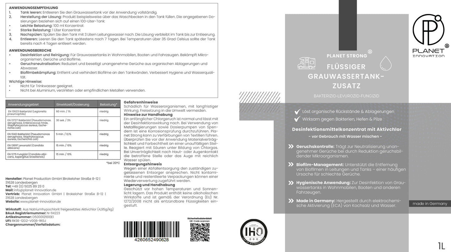 Grauwassertank Zusatz für Wohnmobile & Boote | Planet Strong® Geruchsbekämpfung und Desinfektion für deinen Grauwassertank