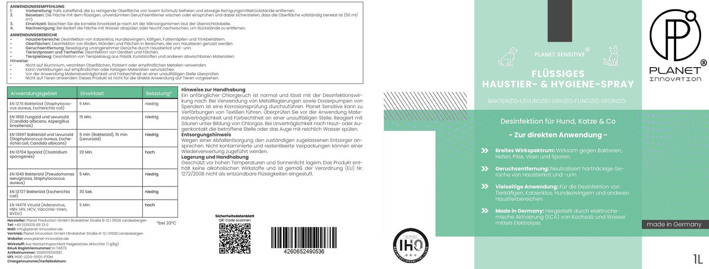 Haustier-Hygiene-Spray & Desinfektionsmittel für Hund, Katze & Co | Planet Sensitive® wirksam gegen Bakterien, Viren, Pilze & Sporen