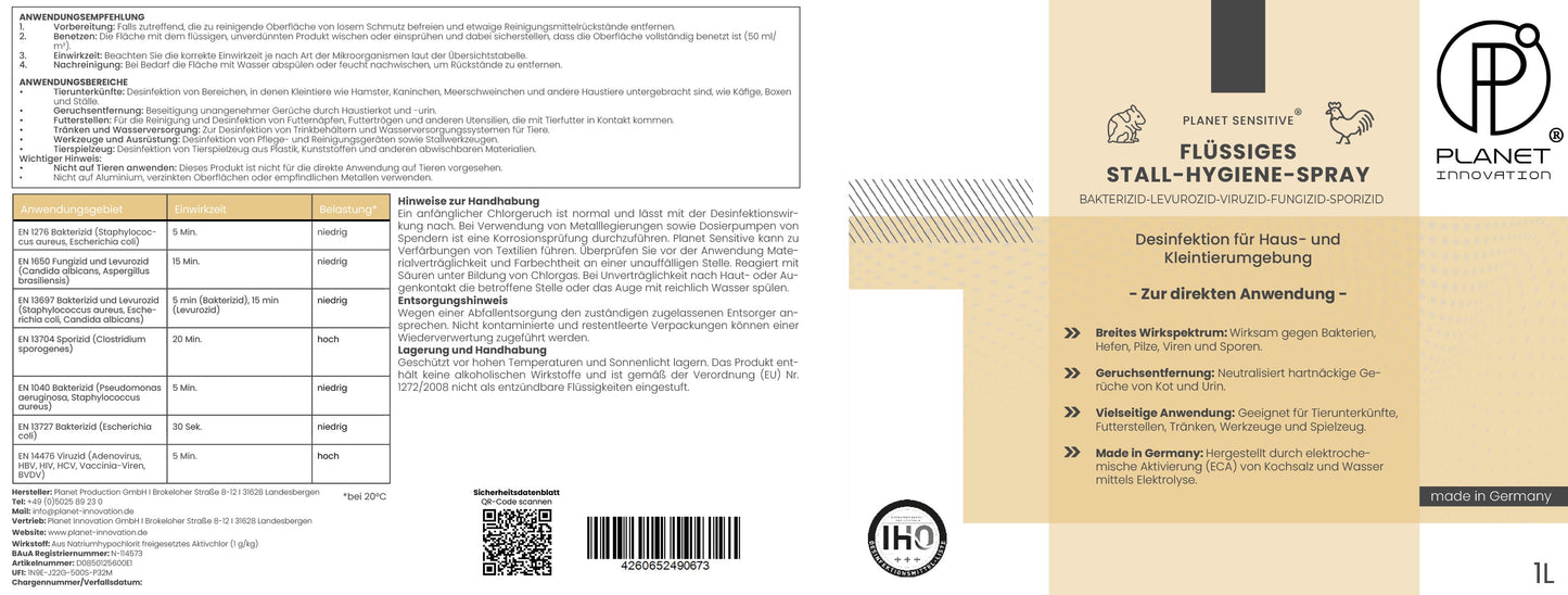 Stall-Hygiene Spray – Desinfektionsmittel für Käfige, Ställe & Tierbereiche | Planet Sensitive® zur Flächendesinfektion & Geruchsneutralisierung