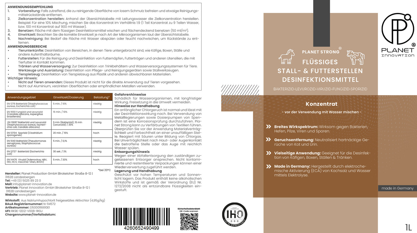 Stalldesinfektionsmittel Konzentrat für Ställe, Tierhaltung, Haustiere, Flächen und Futterstellen - Planet Strong® wirksam gegen Bakterien, Pilze, Viren, Gerüche