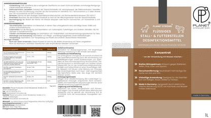 Stalldesinfektionsmittel Konzentrat für Ställe, Tierhaltung, Haustiere, Flächen und Futterstellen - Planet Strong® wirksam gegen Bakterien, Pilze, Viren, Gerüche