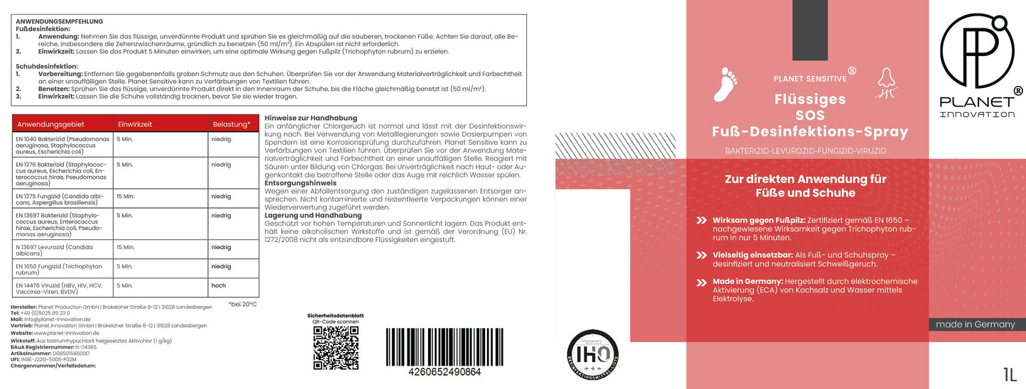 1L SOS Desinfektionsspray für Füße & Schuhe | Planet Sensitive® wirksam gegen Fußpilz, Bakterien, Viren, Hefepilze & Gerüche