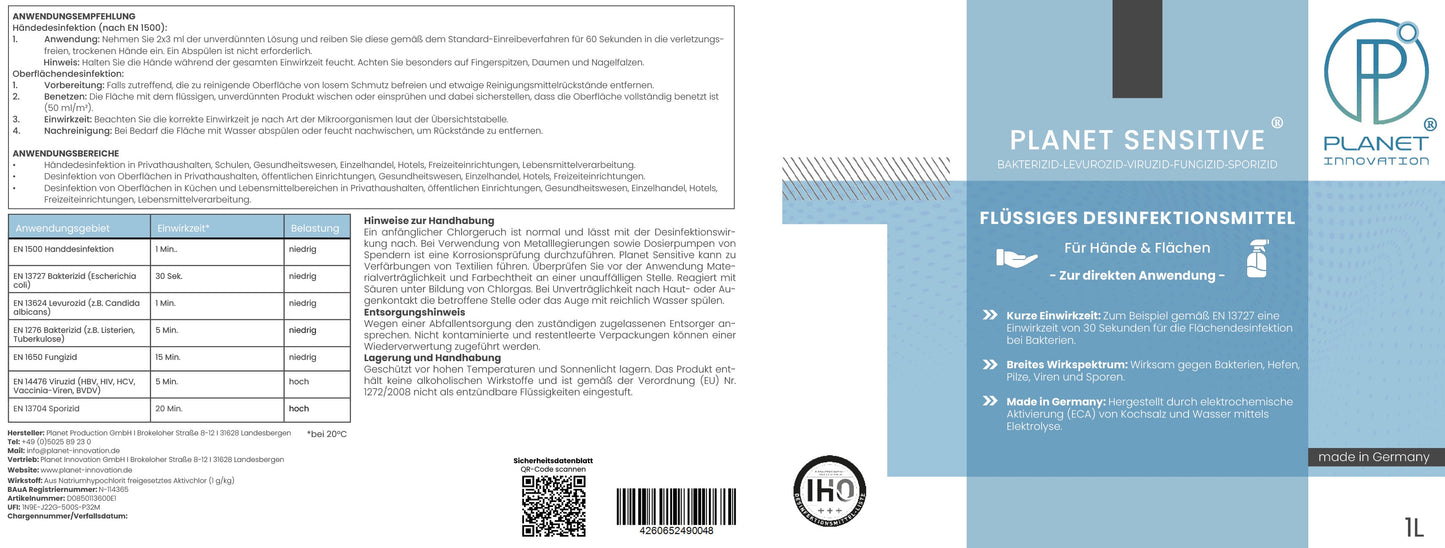 Planet Sensitive® - alkoholfreies Desinfektionsmittel für Flächen, Oberflächen, Hände & Haut | Gegen Bakterien, Viren, Pilze, Sporen, Schimmel, Gerüche